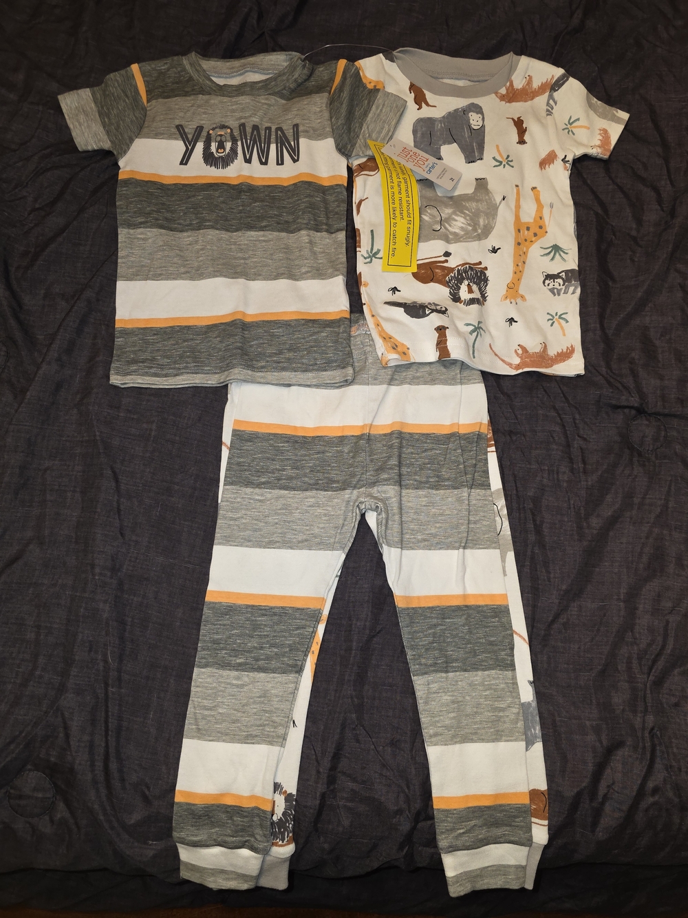 Carter's Grey, White & Orange Striped Pajama Set with Safari Animal Top